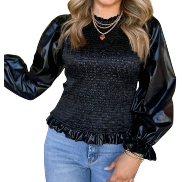 JODIFL Women's Black Metallic Smocked Mock Neck Bodice Top Puff Sleeve Sz Lg NEW - Picture 1 of 10